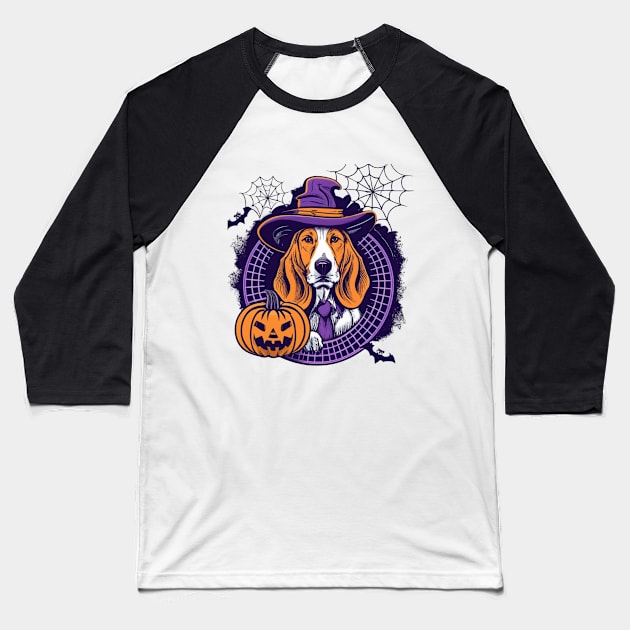Basset Hound Pumpkin Baseball T-Shirt by BukovskyART